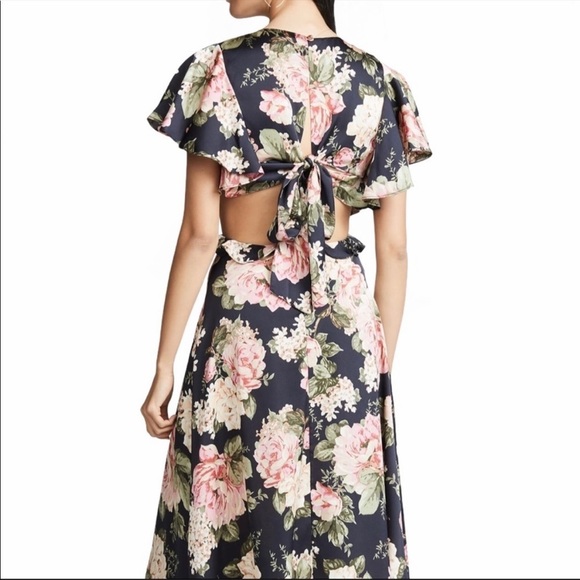 Divine Heritage Floral Cutout V Neck Tie Keyhole Back Flutter Sleeve Midi Dress - Picture 9 of 16